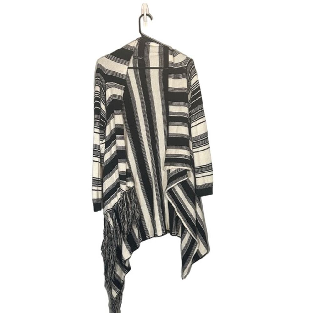Venus Women’s Black & White Striped Open-Front Tassel Knit Cardigan Size XL
